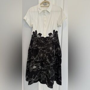 Teri Jon shirt dress white collared top and A line embroidered black skirt